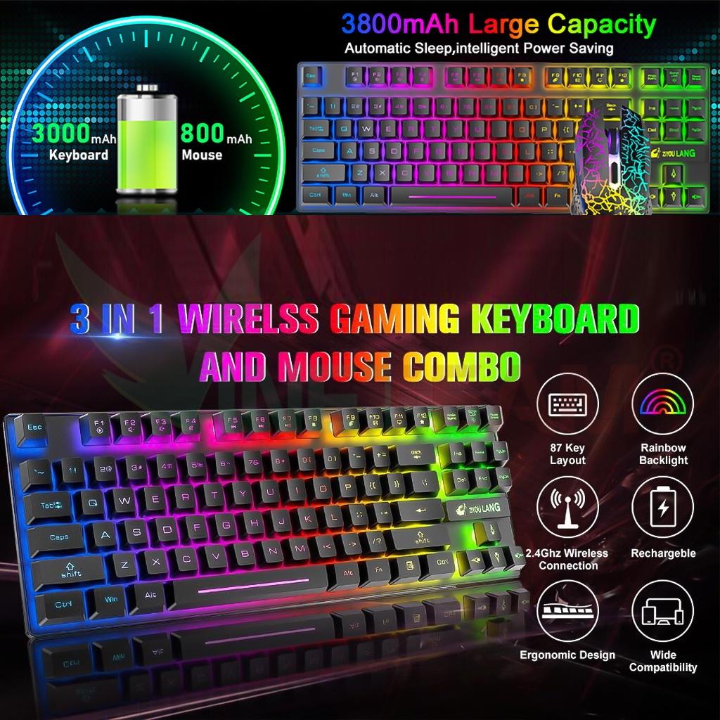 Bộ Bàn Phím Và Chuột Không Dây Gaming Có Đèn Led Pin Sạc ZIYOULANG T87 Tặng Kèm Lót Chuột -DC4749