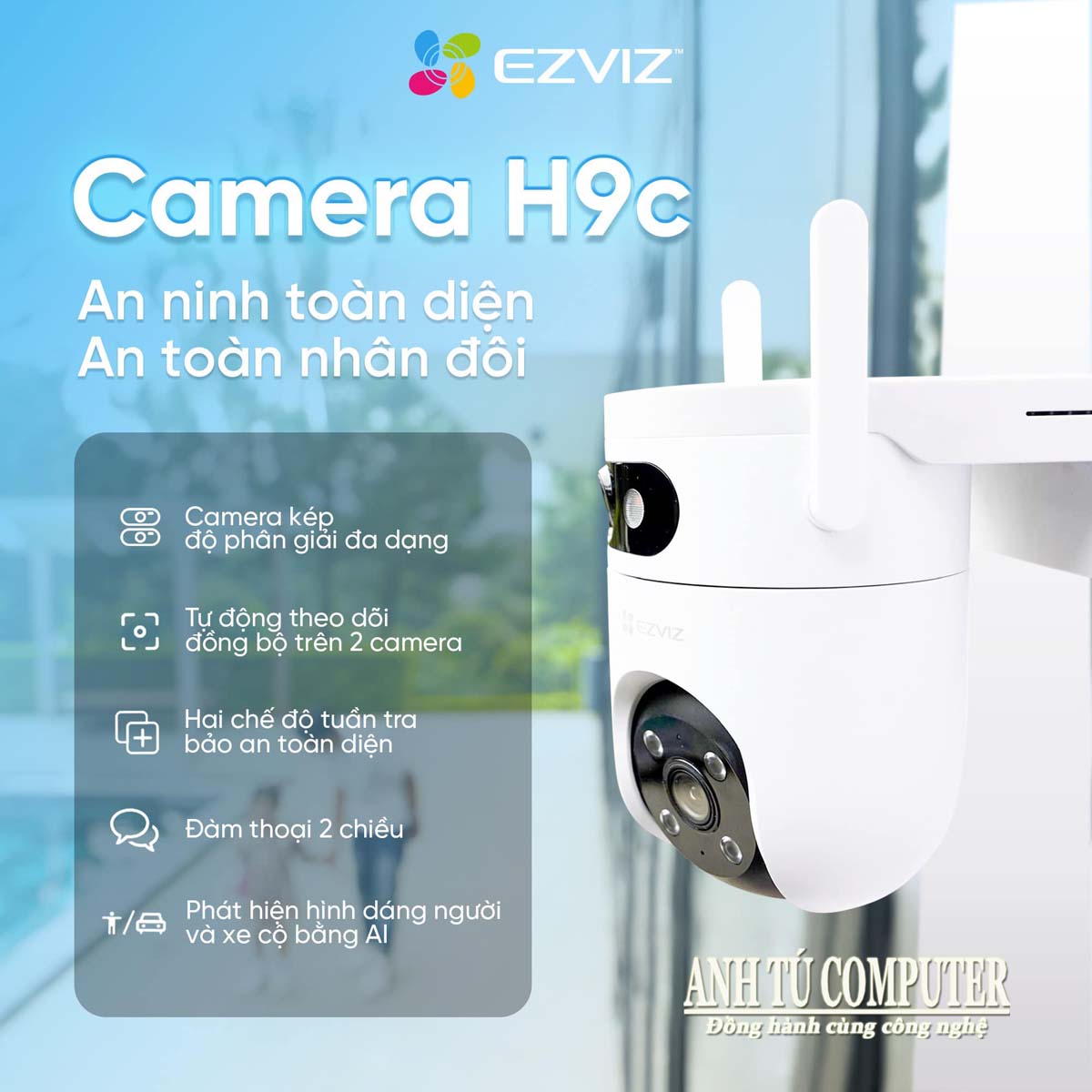 Camera WiFi 2 mắt, quay quét ngoài trời EZVIZ H9c bản 6MP (3MP+3MP) hàng chính hãng