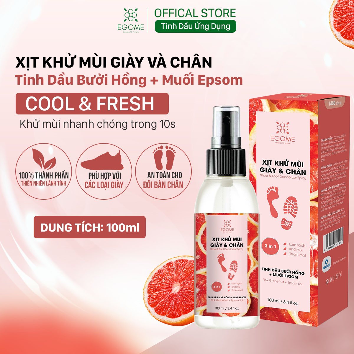 Xịt Khử Mùi Giày Và Chân Egome Tinh Dầu Bưởi Hồng làm sạch và thơm mát 100ml