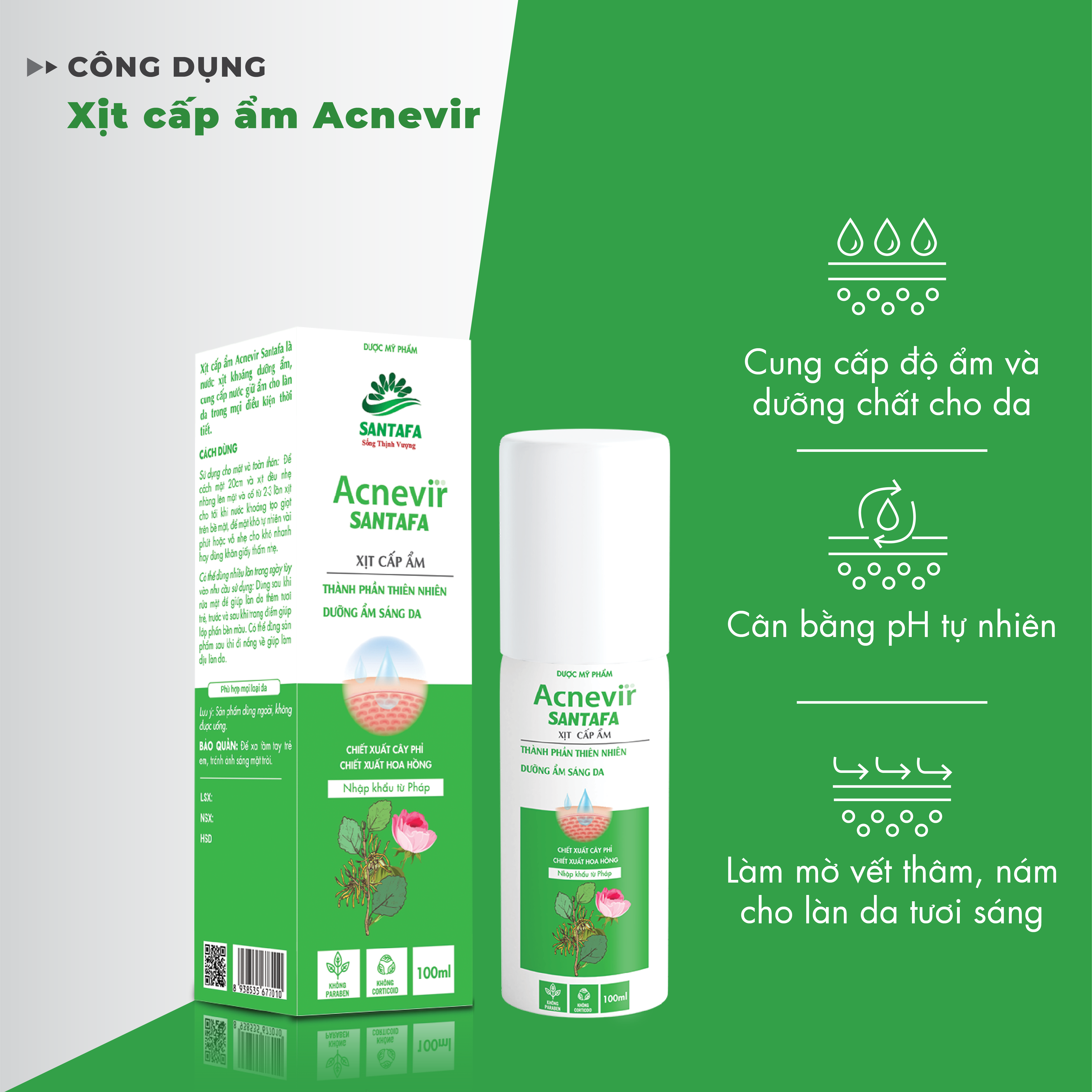 Xịt cấp ẩm Acnevir - Cung cấp độ ẩm và dưỡng chất cho da, cho làn da mềm mại, mịn màng, cho làn da tươi sáng hơn - Chai 100ml