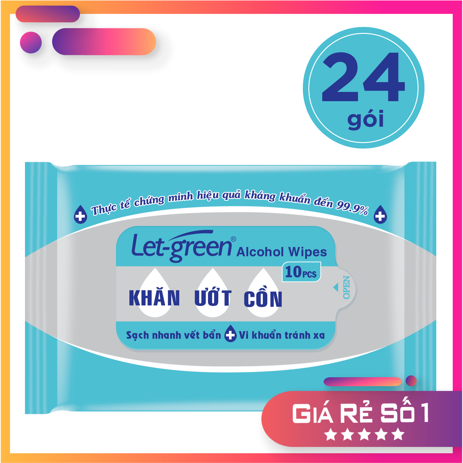 Combo 24 Gói Khăn Ướt Cồn Let-green (10 Tờ x 24)