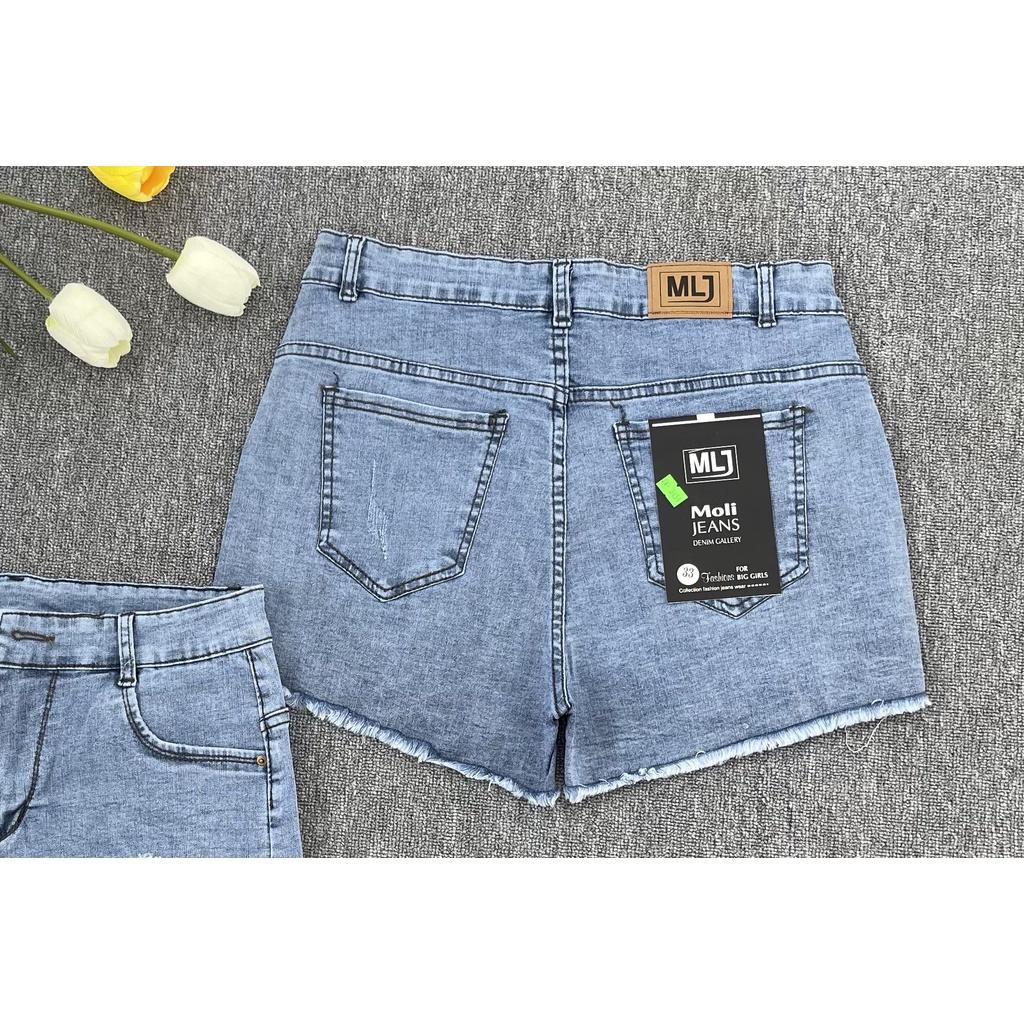 Quần short jean nữ BigSize lưng cao trên rốn, co dãn mạnh, tua lai, màu xanh nhạt rách kiểu dành cho người mập 3451