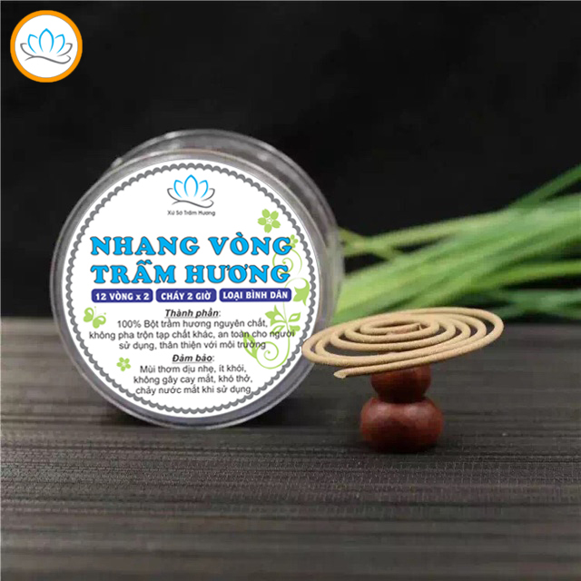 Nhang Vòng Trầm Hương Size Nhỏ, Mùi thơm dịu nhẹ, ít khói, cháy 3 tiếng, hộp 10 vòng đôi (tặng kèm chân đế đồng)