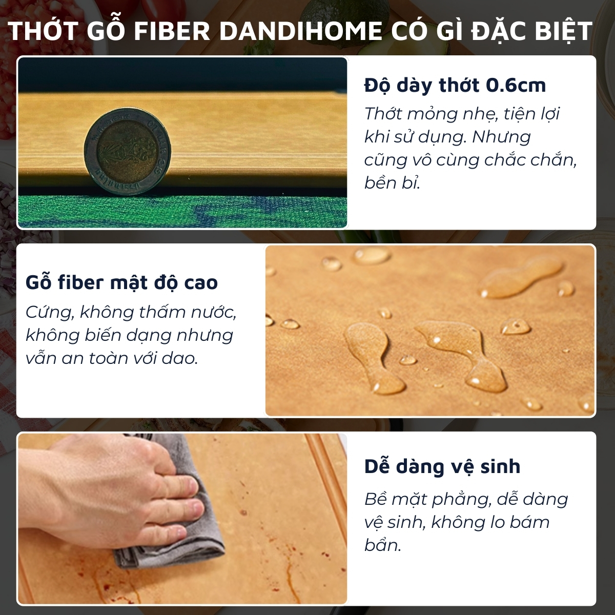 Thớt gỗ sợi fiber DandiHome chịu nhiệt 177 độ C, sử dụng với máy rửa bát, không BPA, không mùi, không lo ẩm mốc