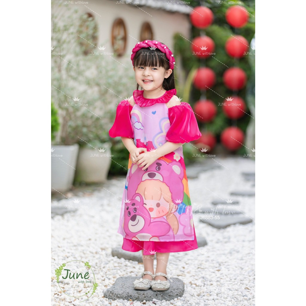 Áo dài tết cho bé gái mẫu Gấu dâu Lotso từ 12-40kg hàng thiết kế cao cấp