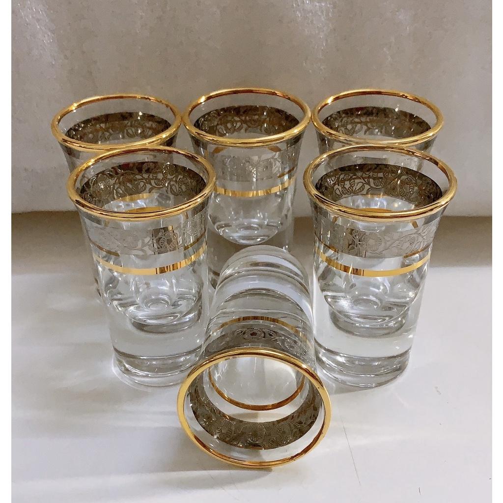 BỘ 6 LY THỦY TINH UỐNG RƯỢU KHẢM VÀNG BẠC CAO CẤP MIỆNG LOE