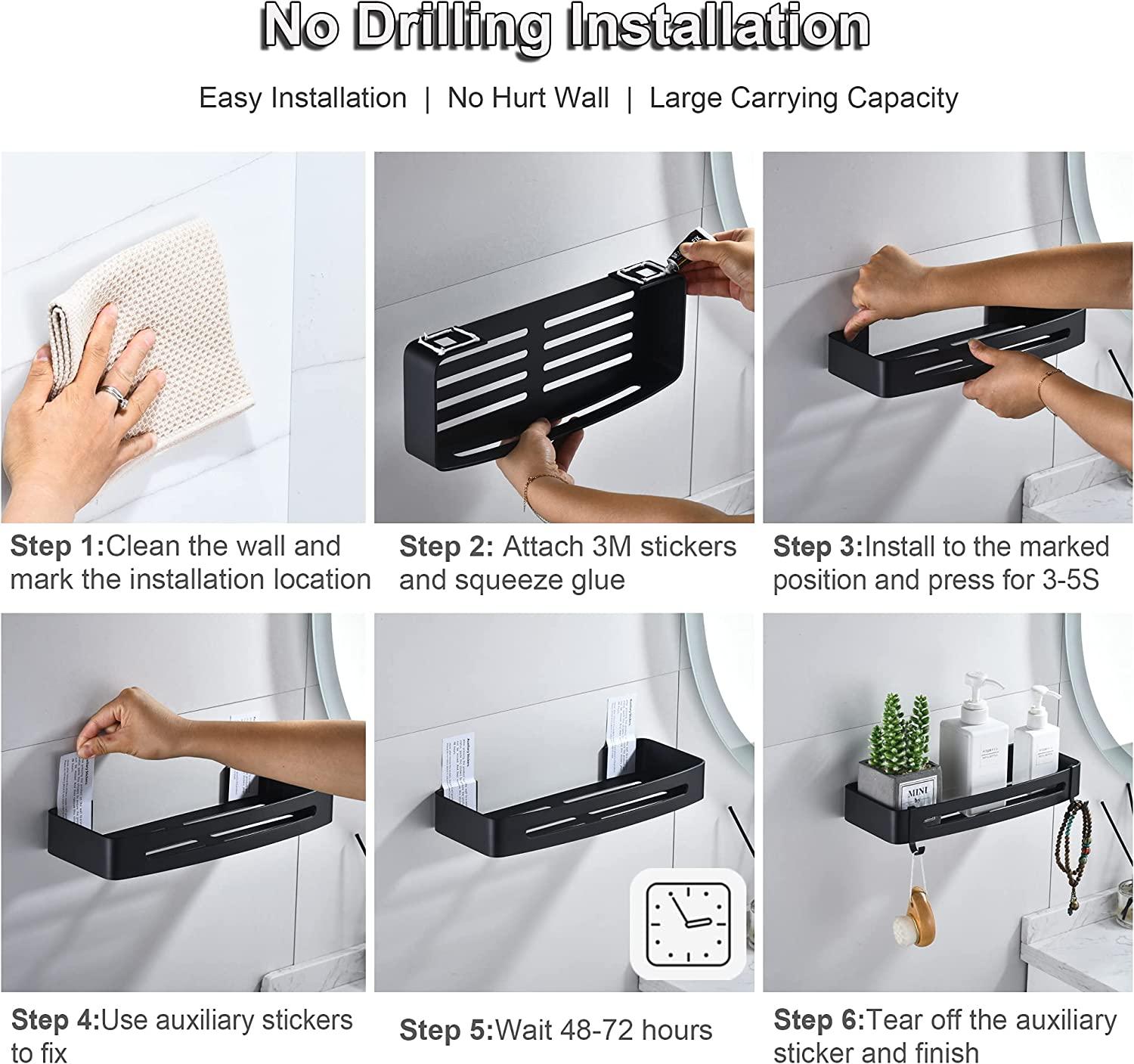 Kệ Treo Nhà Tắm Màu Đen Không Khoan Treo Tường Nhôm Sen Tắm Caddy Kệ Đựng Khăn Tắm Nhà Tắm Dính Chắc, Bền Đẹp, Không Gỉ