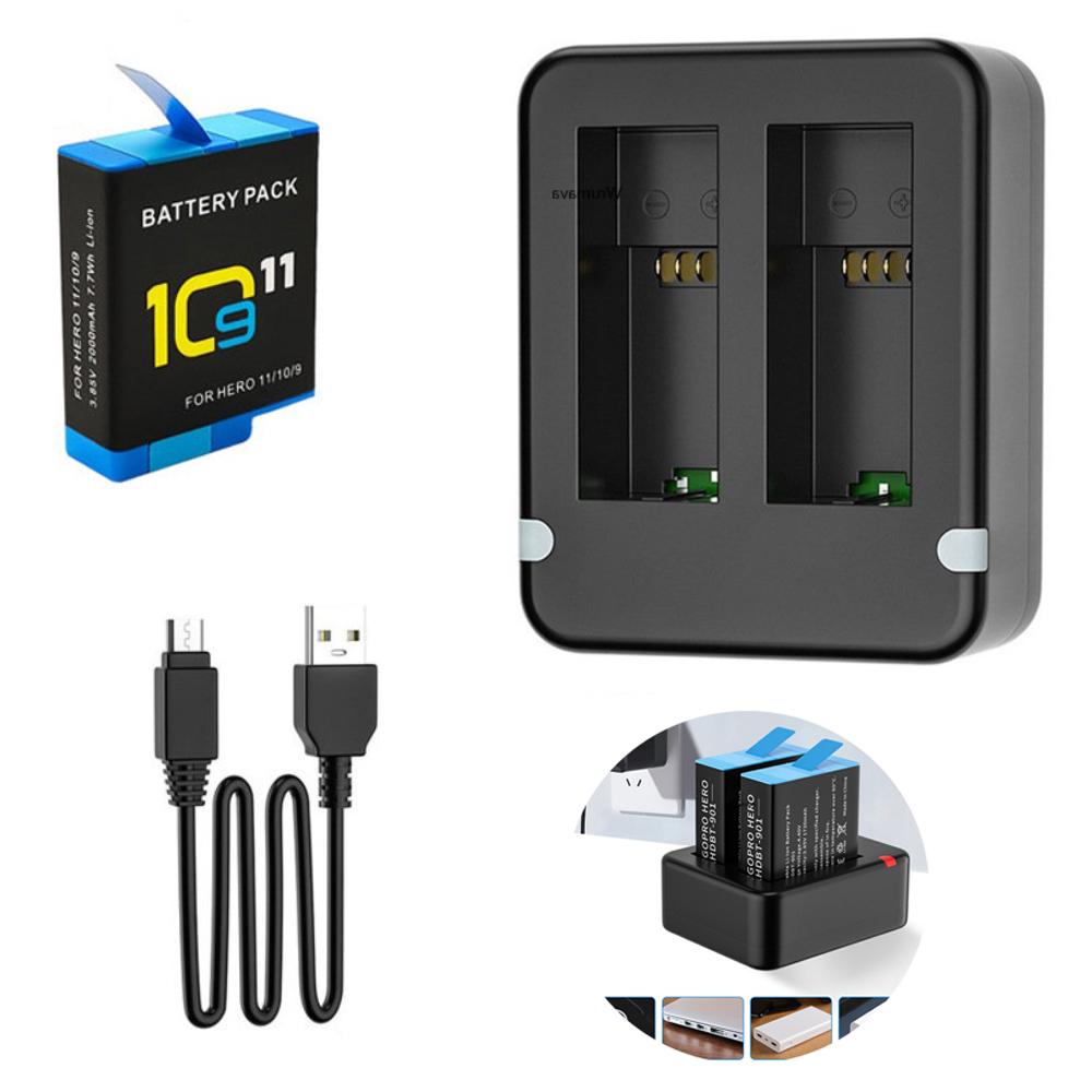 Khe cắm cổng kép Sạc đôi pin cho Gopro Go Pro Hero 11 10 9 Đen với cáp USB Phụ kiện camera hành động