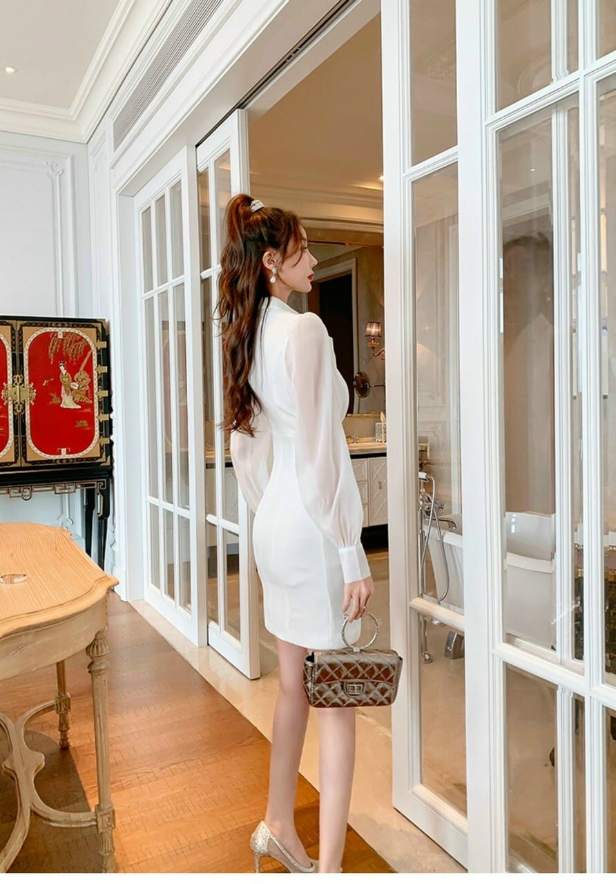 Đầm Body Phối Bèo Tay Dài Cổ Vest Sang Trọng