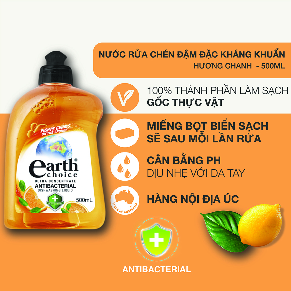 Nước rửa chén đậm đặc kháng khuẩn Earth Choice 500ml