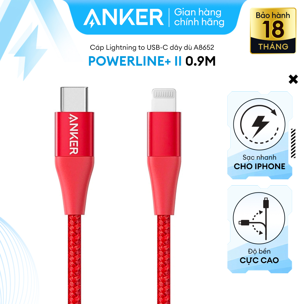 Cáp sạc ANKER PowerLine+ II li.ght.ning to USB-C dài 0.9m - A8652 - Hỗ trợ sạc nhanh 18W cho .ipho.ne 8 trở lên qua củ sạc PD hoặc PiQ 3.0 (không kèm túi đựng)