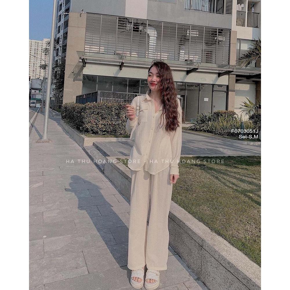 Set đũi áo sơ mi tay dài phối quần suông