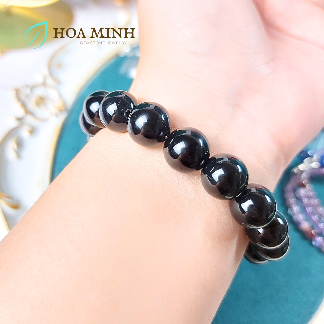 Vòng tay phong thủy đá Mã Não đen onyx size 12 li hợp phong thủy mệnh Thủy, Mộc