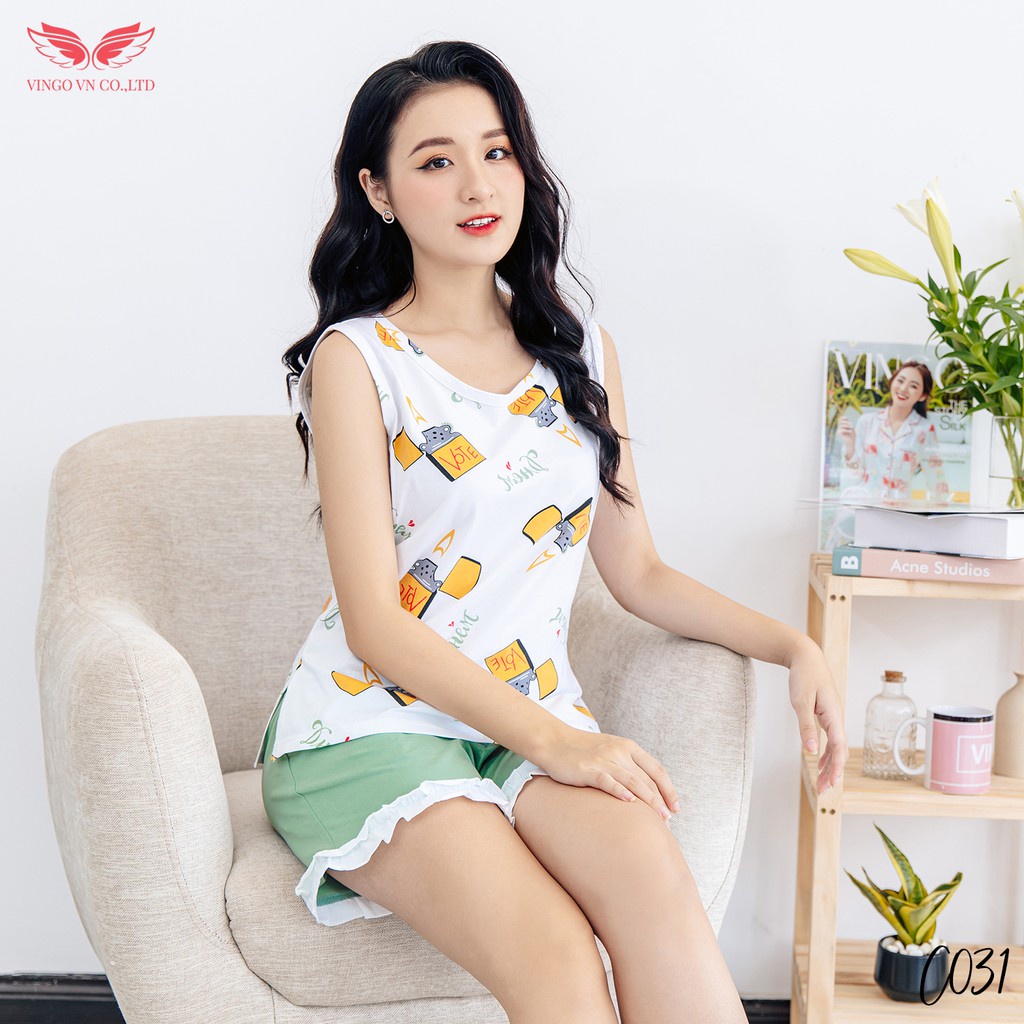 Đồ Bộ Nữ Pijama Mặc Nhà VINGO Chất Cotton Thoáng Mát Áo Ba Lỗ Sát Nách Quần Cộc Viền Bèo C031 VNGO