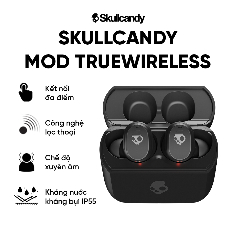 Tai nghe không dây Skullcandy True Wireless MOD - Màu Đen - Kết nối bluetooth - Chống nước - Nghe gọi - Xuyên Âm - Hàng chính hãng