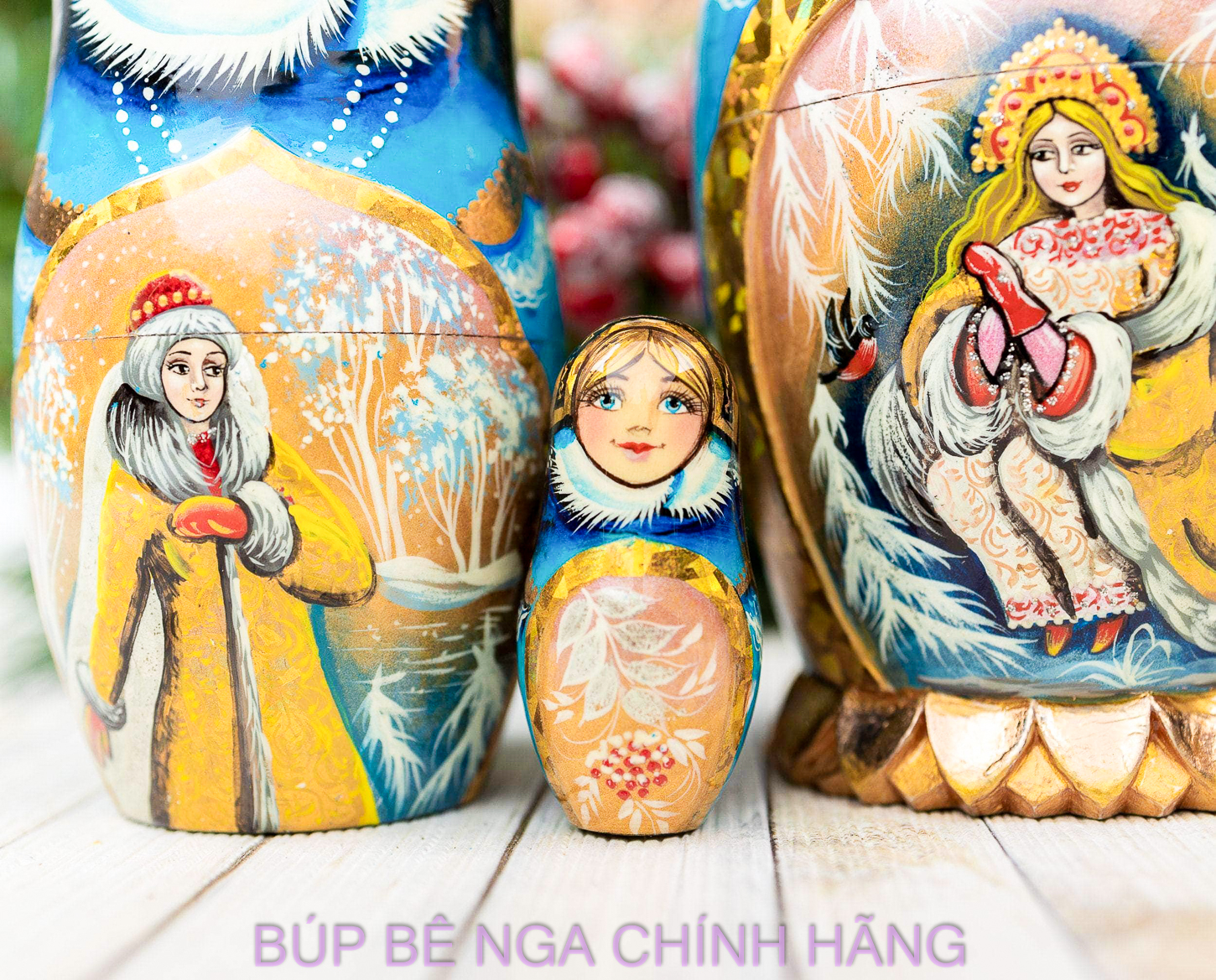 BỘ BÚP BÊ NGA MATRYOSHKA CAO CẤP 5 LỚP 20CM ĐIÊU KHẮC CHẠM NỔI HOA VĂN "CÔNG CHÚA MÙA ĐÔNG" CỰC ĐẸP VÀ SANG TRỌNG