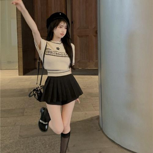 Áo len nữ Montoghi dệt kim Quảng Châu THÊU HOA in chữ cổ tròn dáng vừa xinh xắn