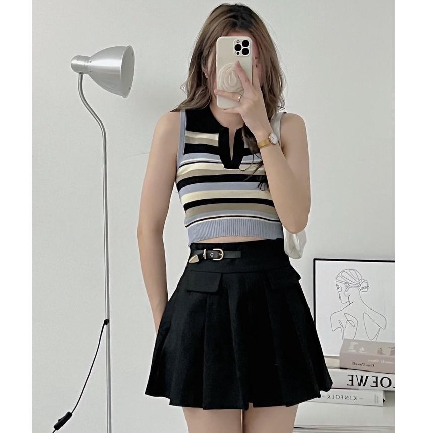 Áo len dệt kim Montoghi 3 LỖ CỔ ĐỨC Quảng Châu sọc ngang dáng ôm croptop cực xinh