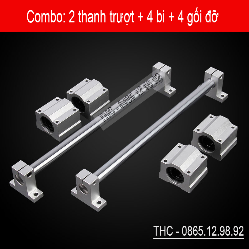 Bộ thanh trục trượt tròn phi 25mm (2 thanh SC25 dài 1 mét + 4 bi trượt SCS25UU + 4 gối đỡ SK25)