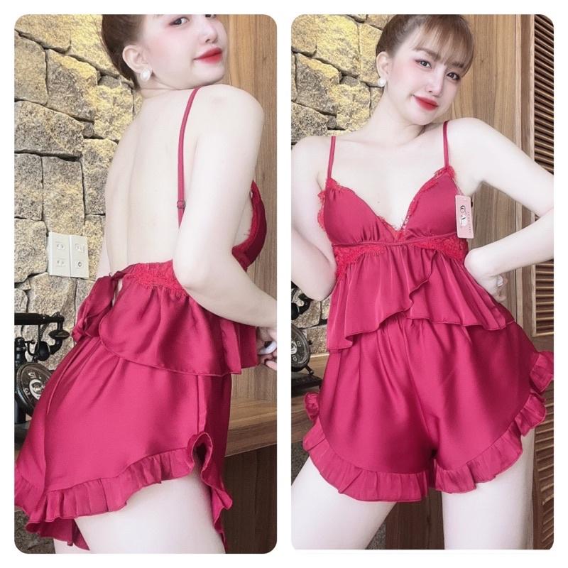 Đồ Ngủ Nữ Sexy, Bộ Ngủ Lụa 2 Dây Nữ, Lụa Latin phối ren có mút, freesize 40-58kg, tuỳ chiều cao - HÌNH CHỤP THẬT