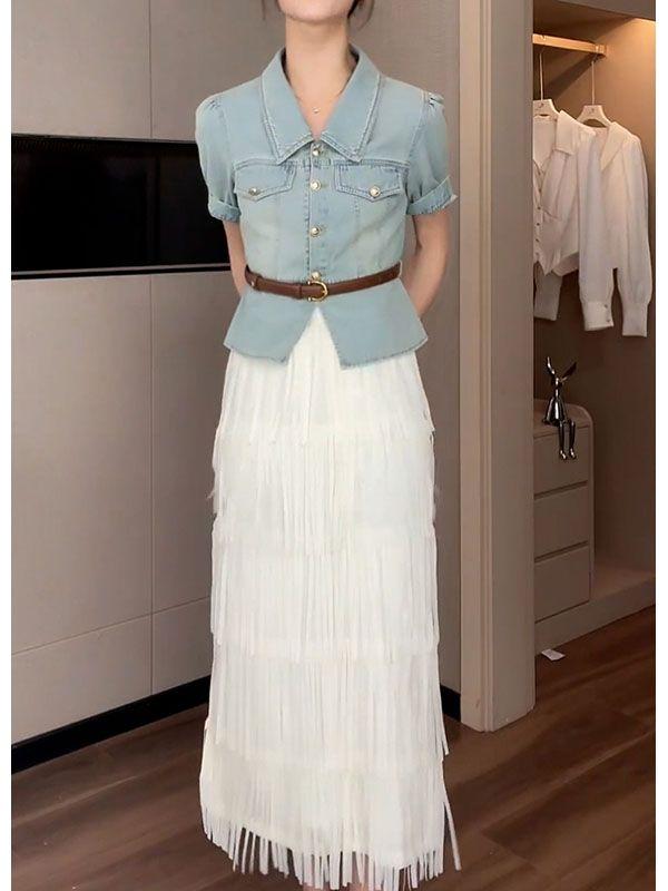 SHUANGYAN Trang phục giảm tuổi thanh lịch 2023 Áo denim ngắn mùa hè+váy nửa người màu