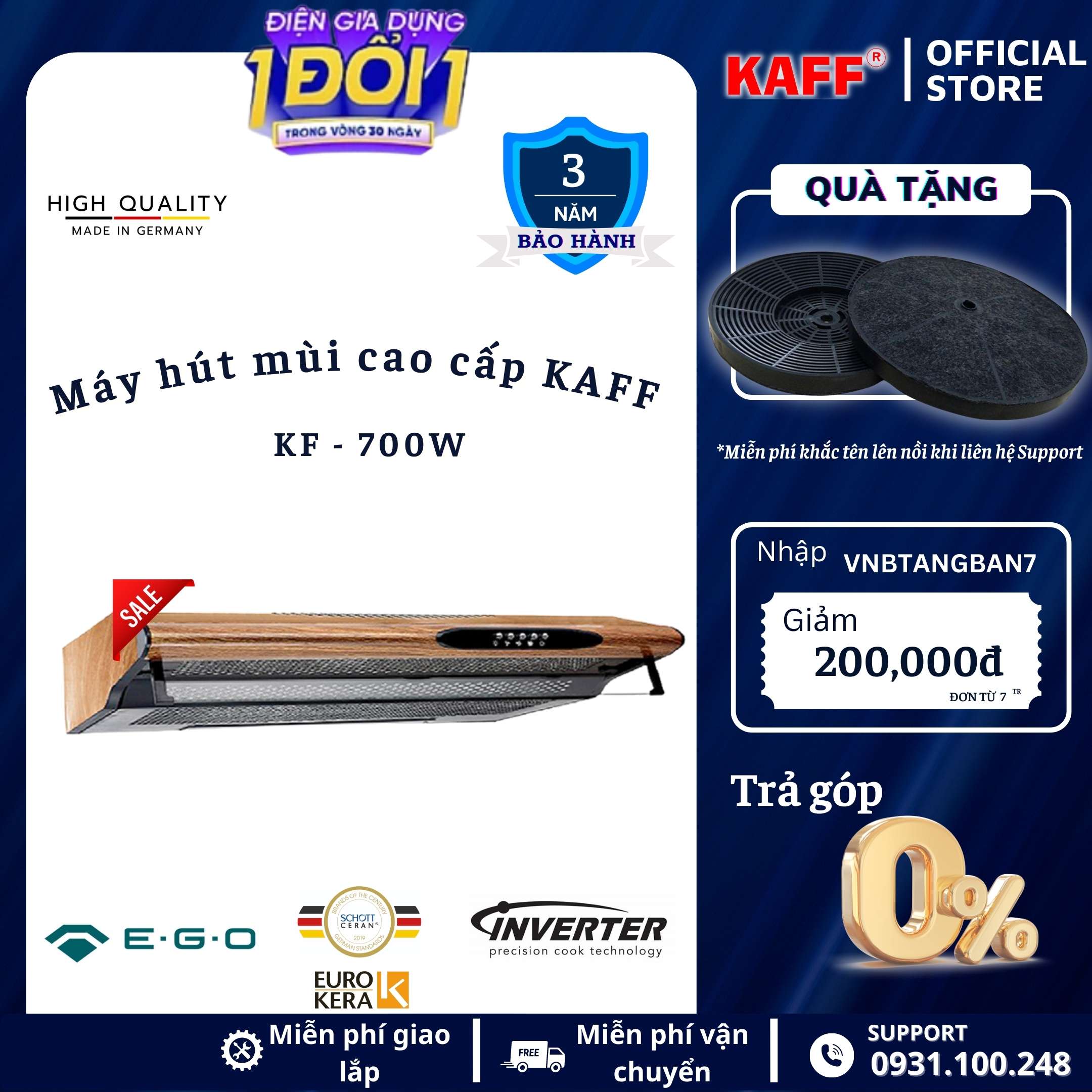 Máy hút mùi vân gỗ KAFF KF-700W - Tặng bộ lọc than hoạt tính - Hàng chính hãng