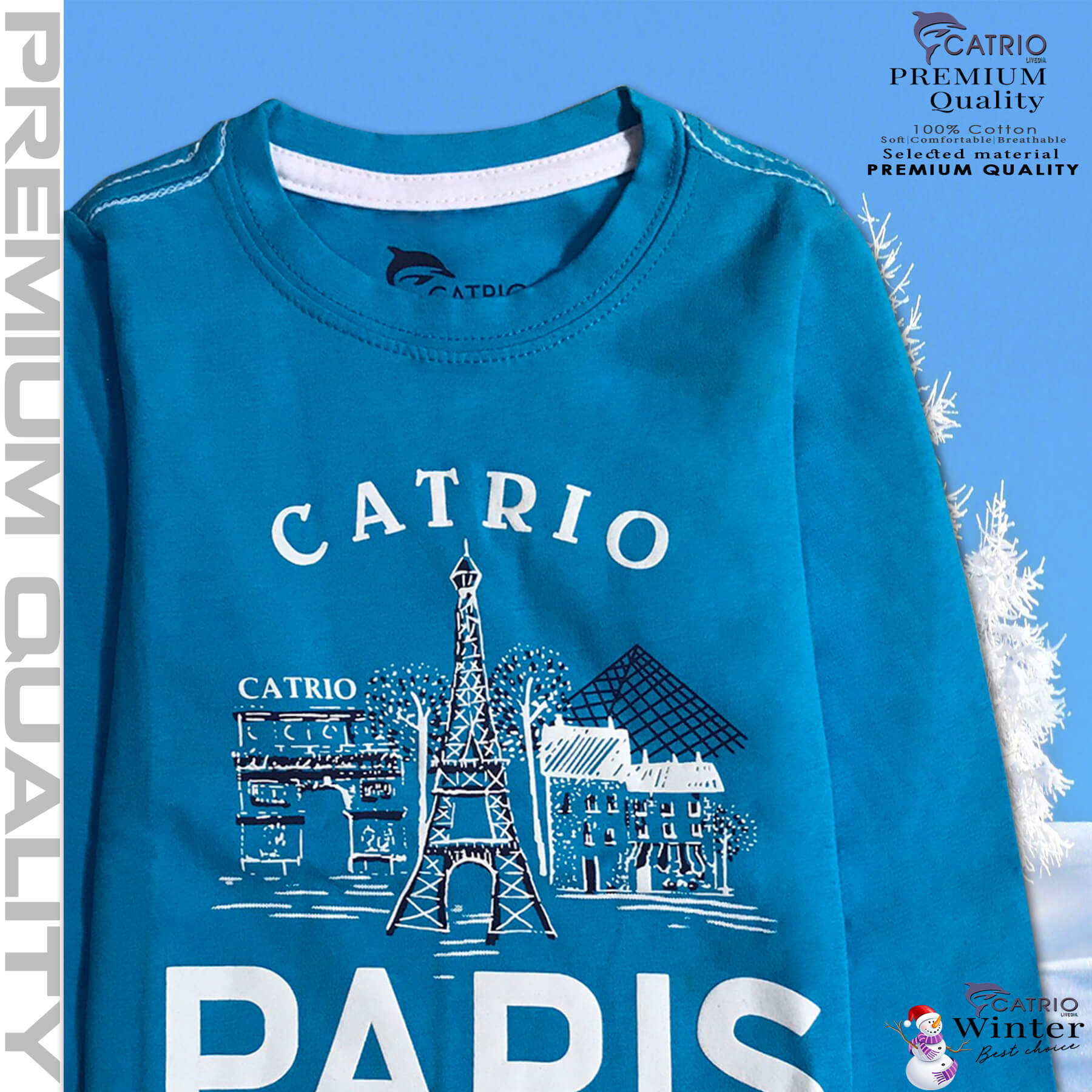 ÁO THUN DÀI TAY BÉ TRAI CATRIO in PARIS màu XANH BIỂN là áo phông tay dài trẻ em từ 8kg 10kg 12 kg .. 23kg (6 tuổi) cổ tròn vải dệt kim co giãn 4 chiều + quần dài cotton thành bộ đồ thu đông cho bé rất đẹp