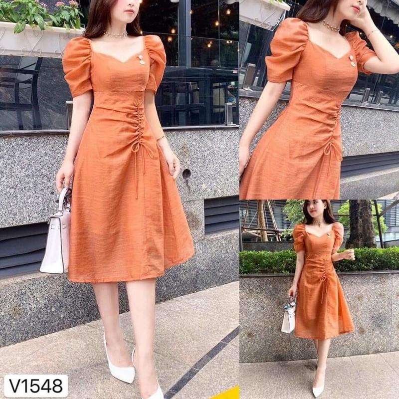 Đầm đũi xòe tay phồng, cổ vuông rút dây xinh lung linh