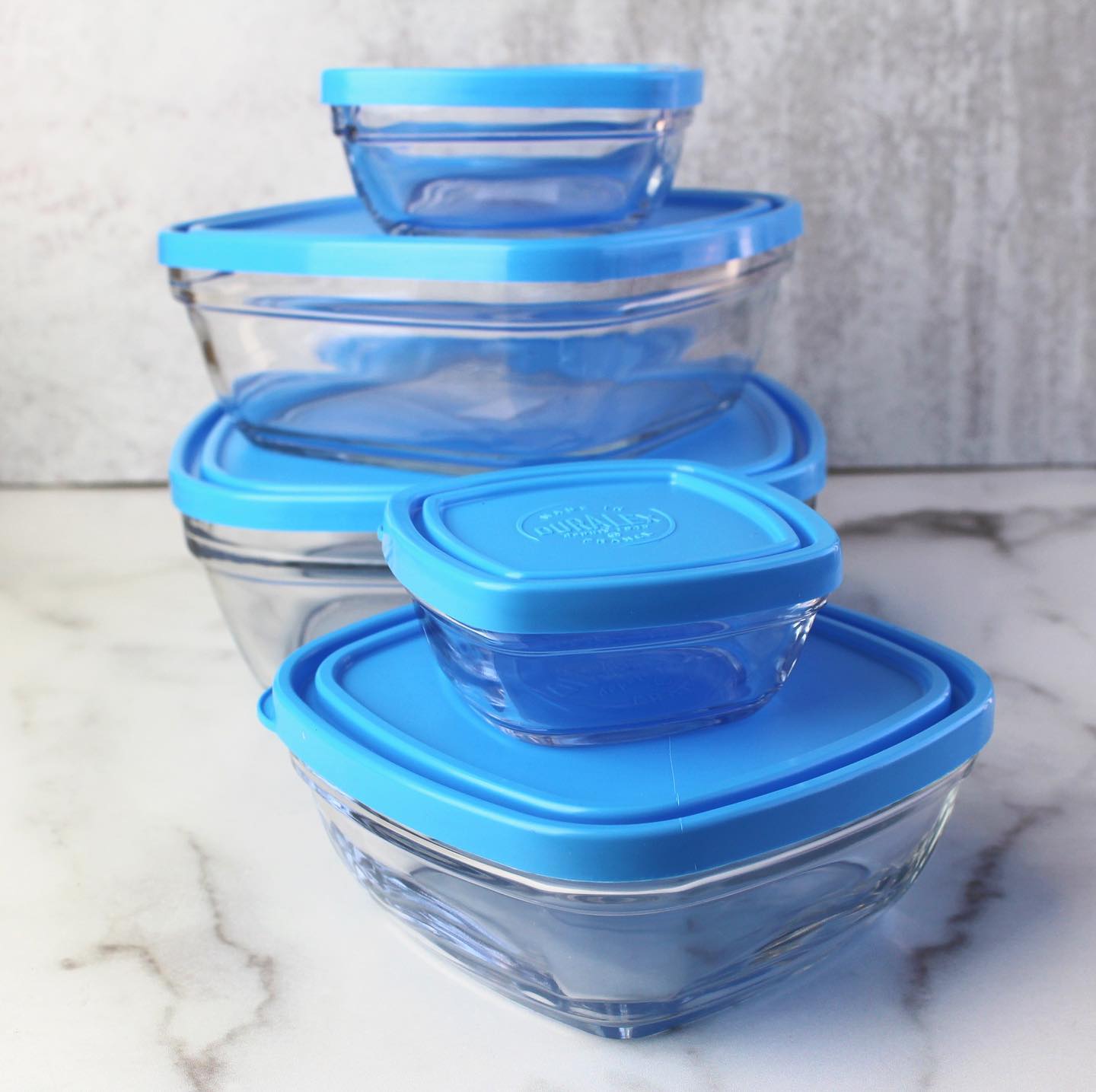 {Hàng chính hãng} Bộ Hộp thực phẩm D9015A Duralex - Freshbox nắp xanh Blue 5 size Thủy tinh cường lực Pháp