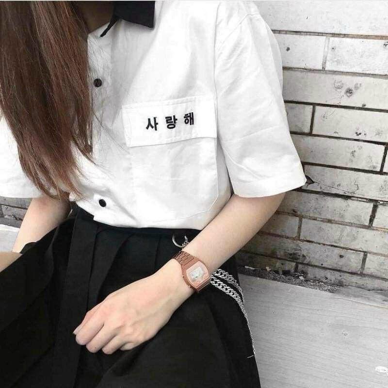 Áo sơ mi cặp đôi chữ hàn , áo sơ mi form rộng unisex cặp đôi