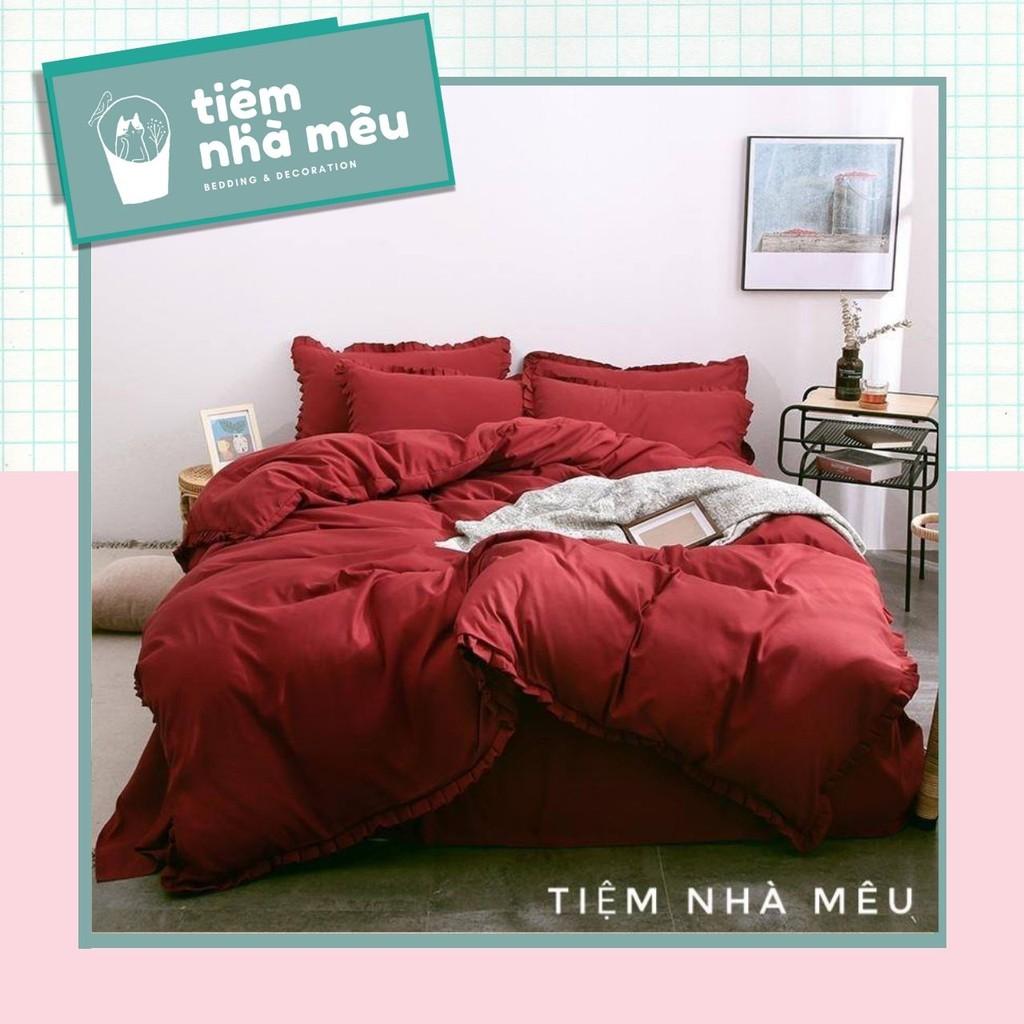 Bộ Chăn Ga Gốim6/m8/2m -Tiệm Nhà MêuSet 4 Món 2 Vỏ gối ,drap , vỏ chăn Cotton TC Viền Bèo Trơn Dễ Thương Cao Cấp