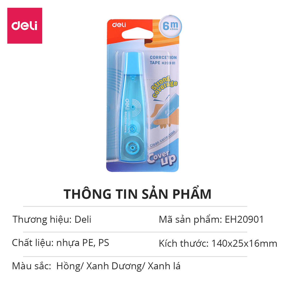 Băng xóa bút xóa kéo 6m Deli - Hồng/ Xanh Dương/ Xanh lá - EH20901