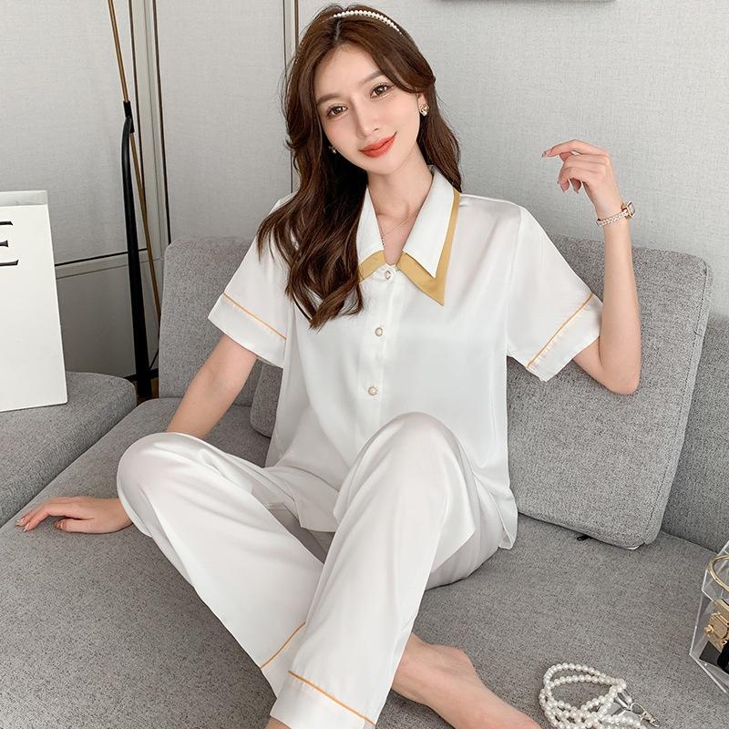 Đồ Bộ Ngủ - Pijama Áo Ngắn Quần Dài Vải Lụa Cao Cấp Màu Trơn Cổ Áo Cách Điệu Viền Ren Đẹp CDLP11