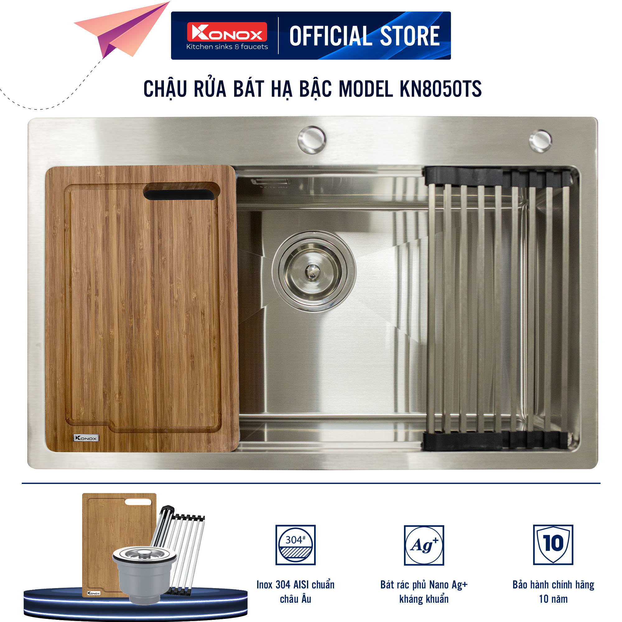 Chậu rửa bát inox Konox, Topmount Series, Model KN8050TS, inox 304 AISI tiêu chuẩn châu Âu, Hạ bậc tích hợp, 800x500x228(mm), Hàng chính hãng