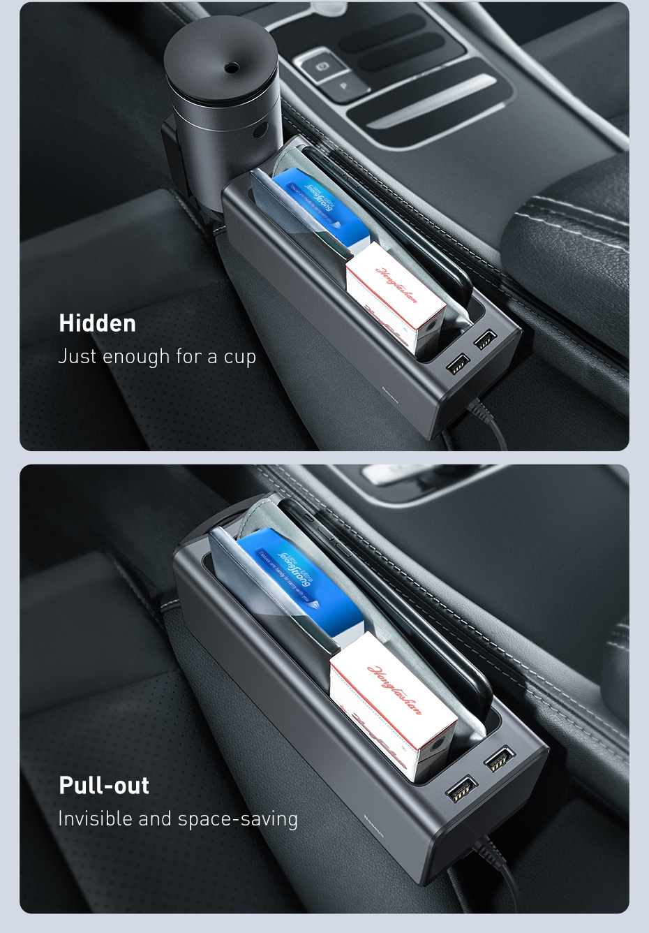Ngăn chứa đồ tiện dụng tích hợp Dock sạc USB dùng trên xe hơi Baseus Deluxe Metal Armrest Console Organizer