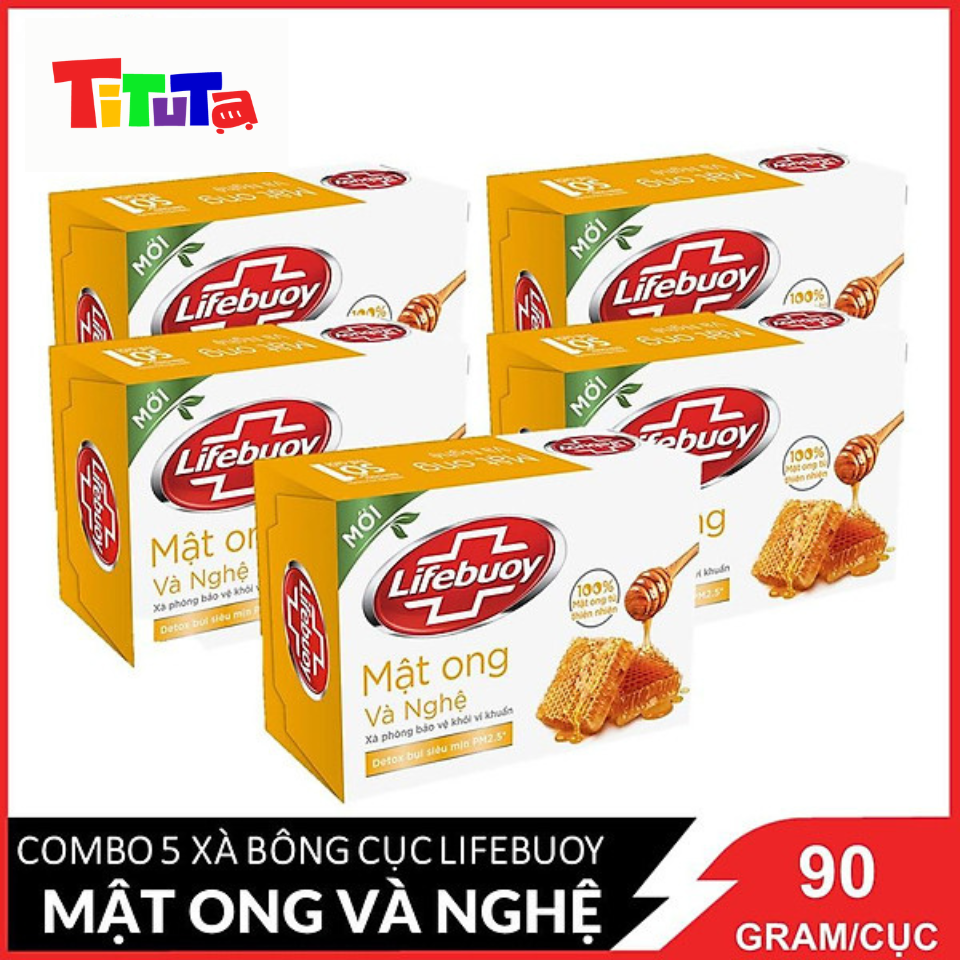 COMBO 5 Xà bông cục Lifebuoy Bảo vệ khỏi vi khuẩn Mật Ong và Nghệ 90g X5