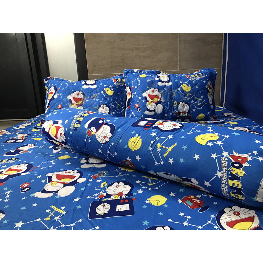 Bộ ga gối cotton poly xanh Doremon