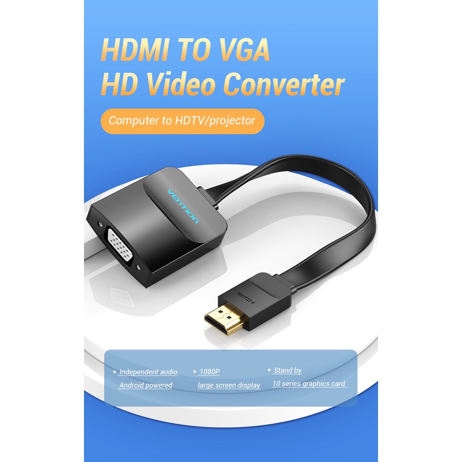 [ HDMI ra VGA ] Cáp chuyển đôi tín hiệu HDMI male ra VGA female 15cm Vention 74345 (dây dẹp) - Hàng chính hãng