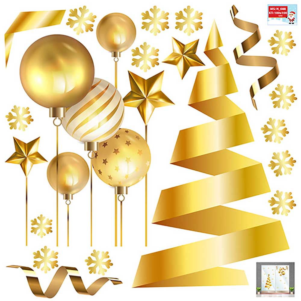 Decal trang trí noel combo số 42 set vàng quả châu, cây thông