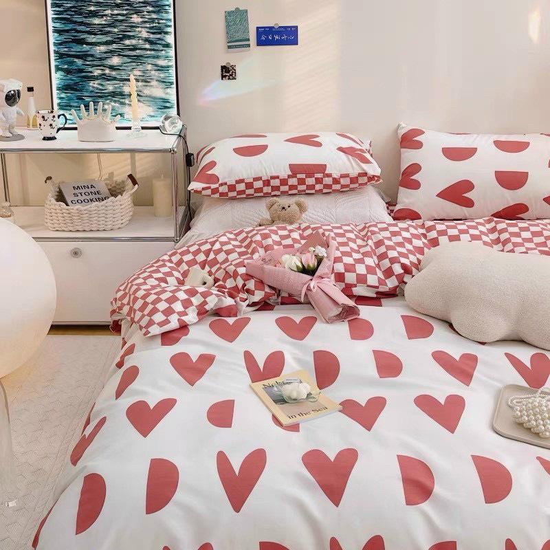 Bộ chăn ga gối Cotton poly M2T bedding gồm vỏ chăn mền, drap ga giường và 2 vỏ gối nằm - PL Tim khuyết đỏ