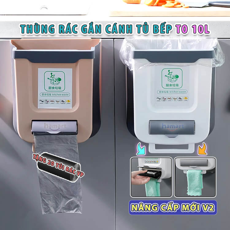 Thùng Rác Treo Tủ Bếp Gấp Gọn 10 Lít Cỡ Lớn 2 Màu Tuỳ Chọn Chất Lượng Cao TẶNG 20 TÚI RÁC