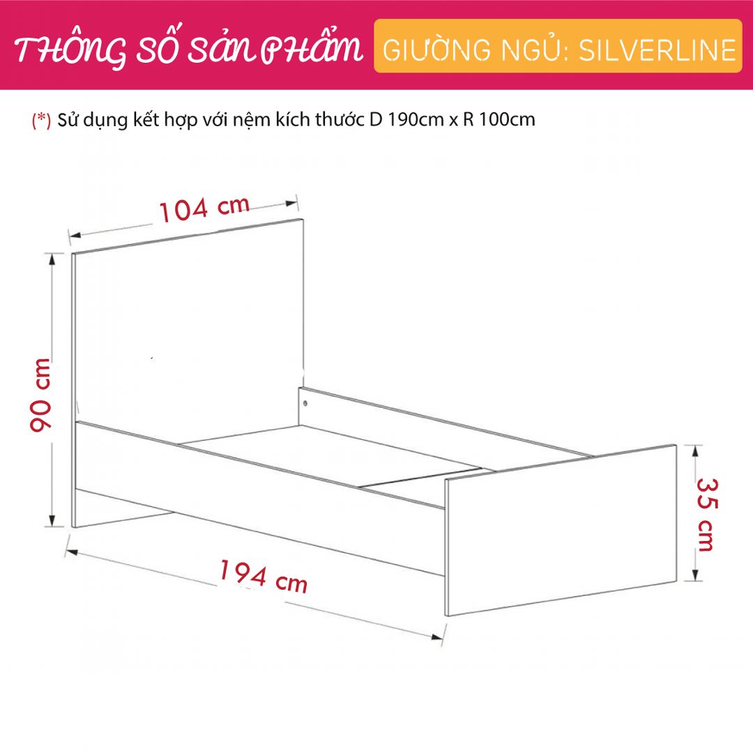 Giường ngủ gỗ hiện đại SMLIFE Silverline | Gỗ MDF dày 17mm chống ẩm | D194xR104xC90cm