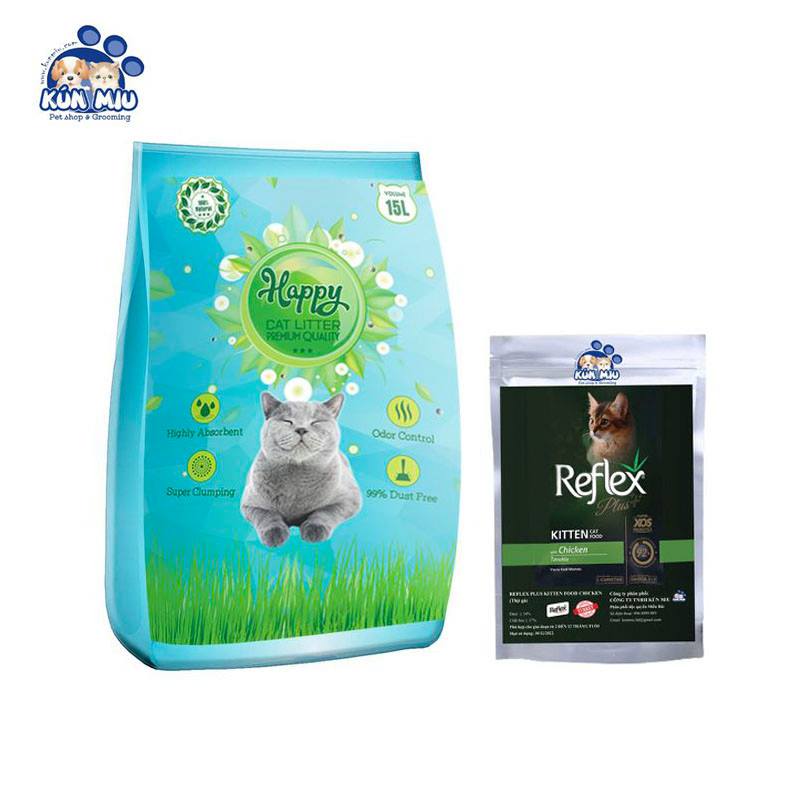 Combo cát vệ sinh cho mèo Happy 15L + thức ăn cho mèo Reflex Plus