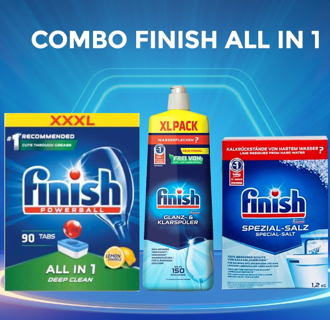 Combo viên rửa chén bát finish all in 1 hộp 90 viên + muối rửa ly finish 1,5kg + nước làm bóng finish 1150ml