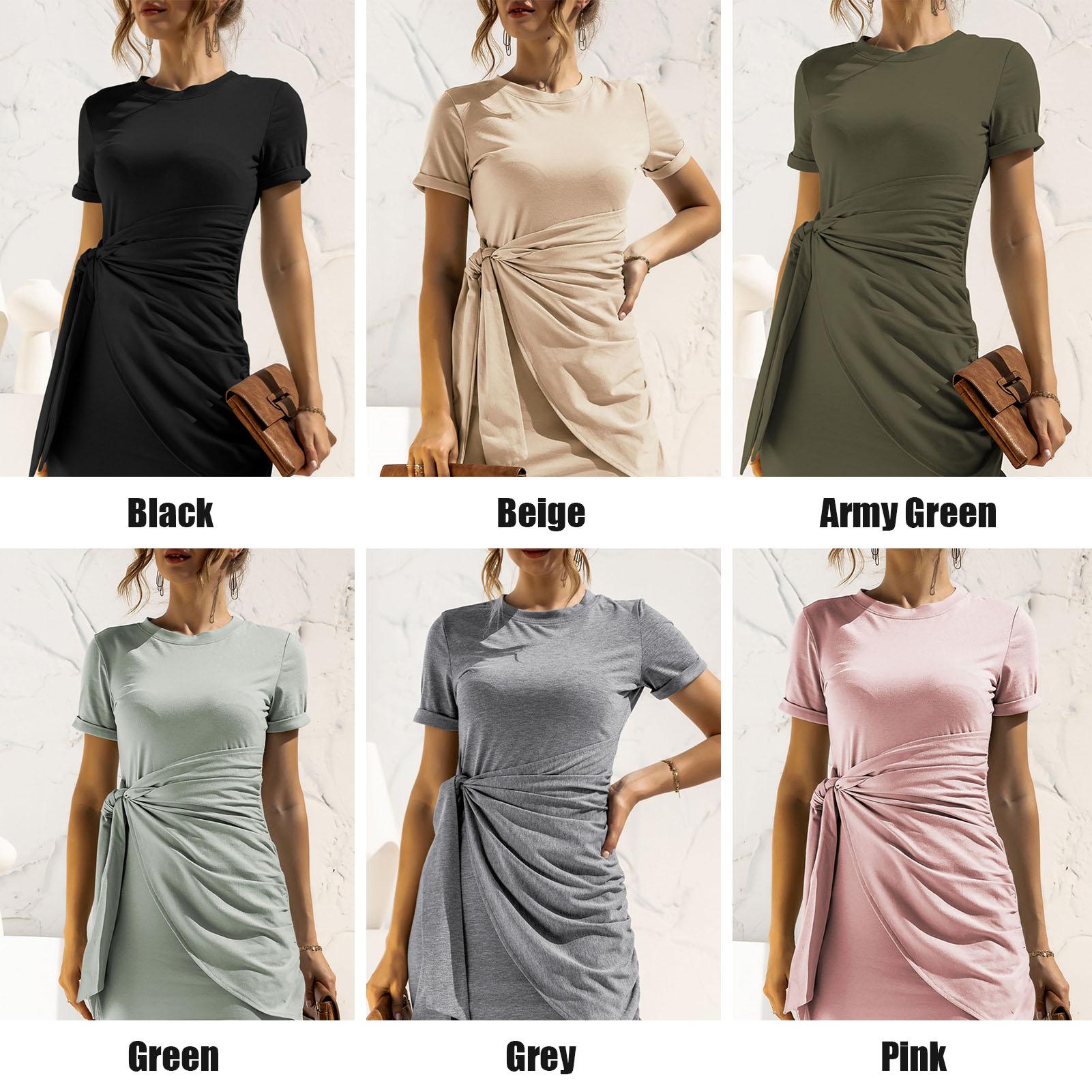 Fashion Women Solid Color Dress O Neck Short Sleeve Bandage Casual Mini Dress