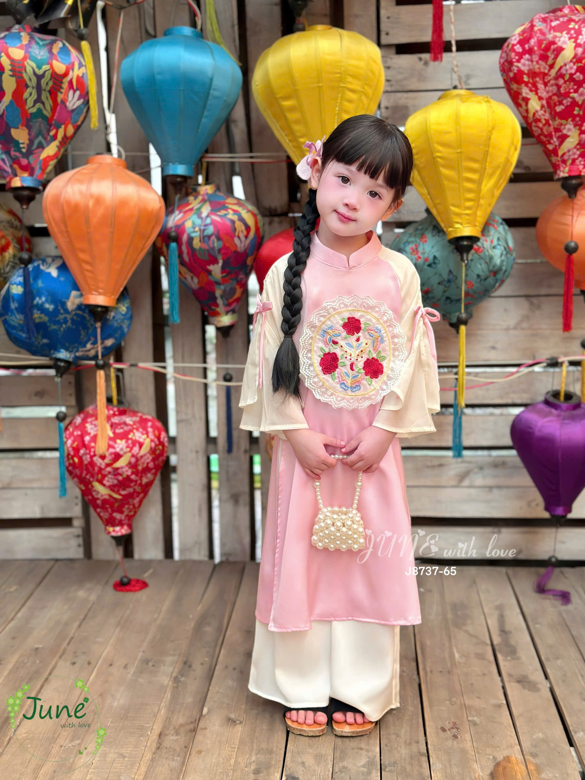 Bộ áo dài cho bé gái mẫu Hoa phú quý diện tết đón xuân năm mới 10-40kg mềm mát