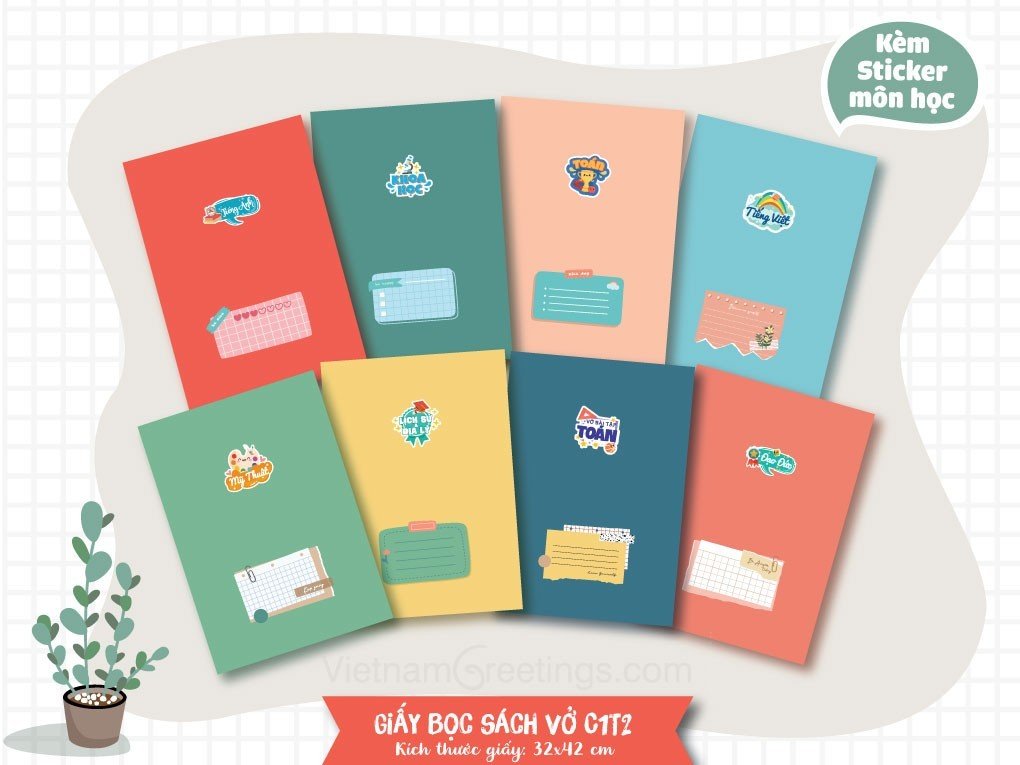 Bộ giấy bọc sách vở kèm Sticker môn học - C1T2