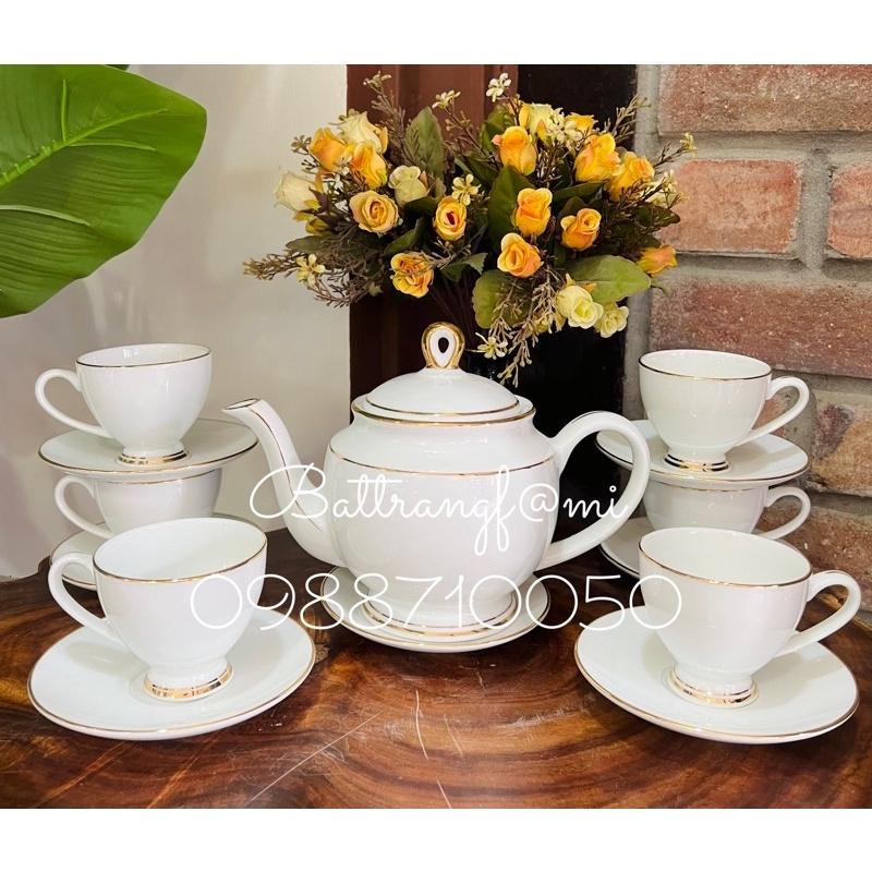 Bộ ấm chén sứ trắng Bát Tràng vẽ vàng 24k