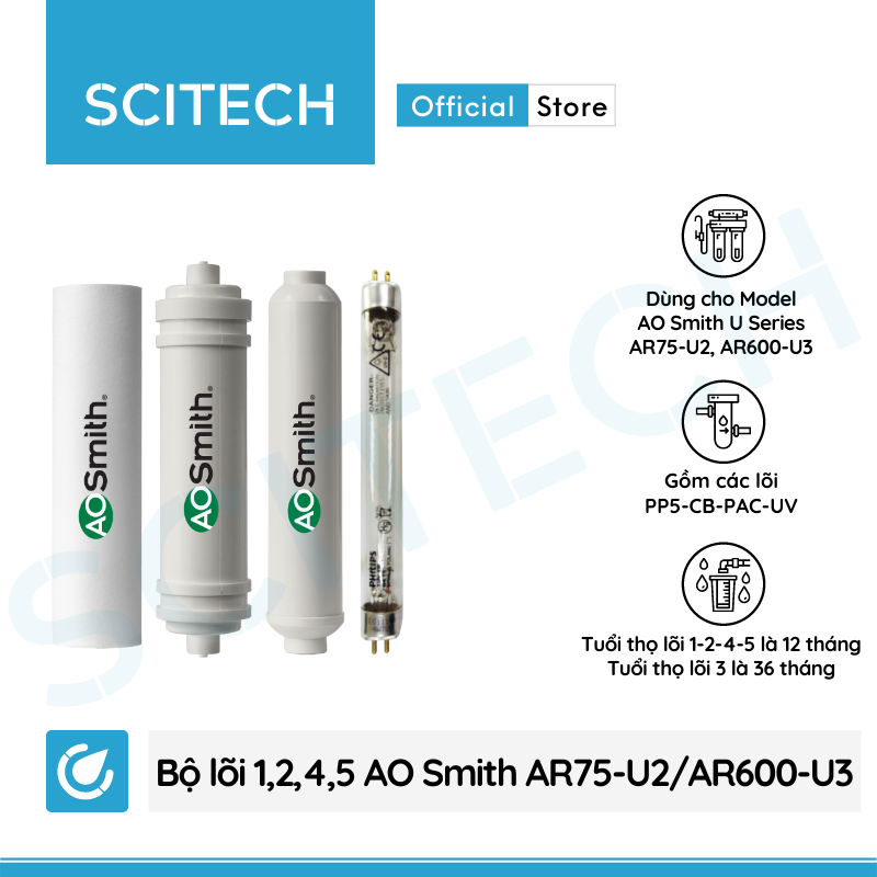 Bộ lõi máy lọc nước AO Smith AR75-U2/AR600-U3 kèm co nối Scitech cho lõi nối nhanh - Hàng chính hãng