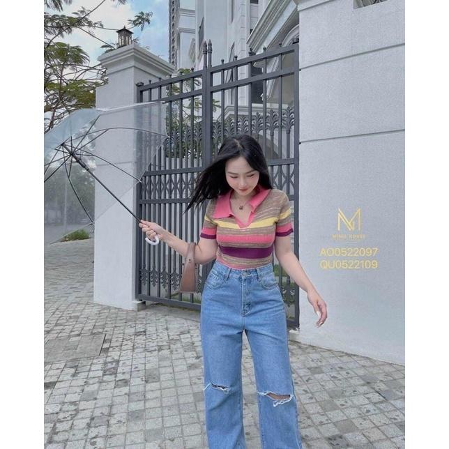 Áo len polo cầu vồng dáng croptop